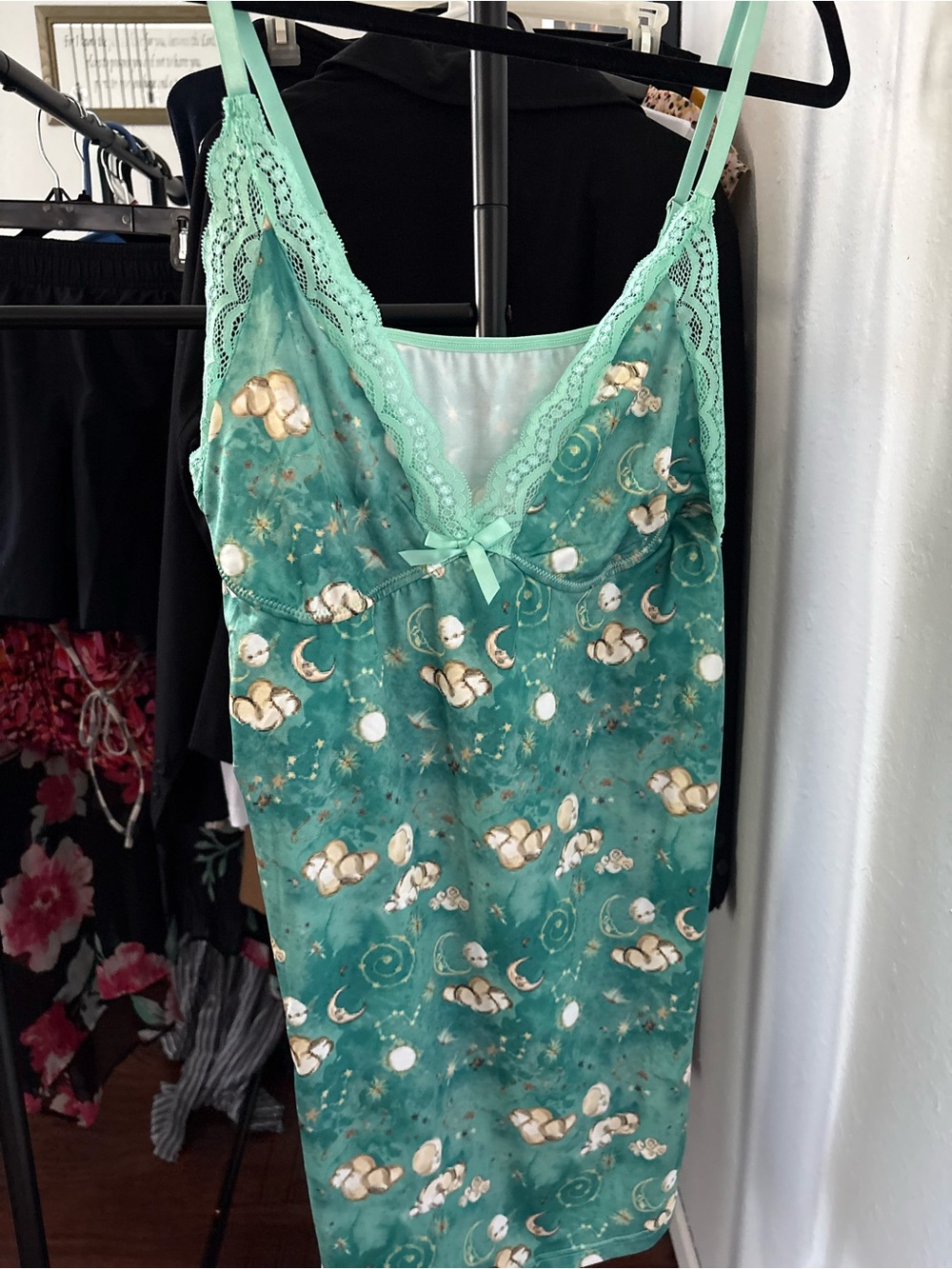 Mint Lace-Trim Chemise Nightdress with Moon & Cloud Print